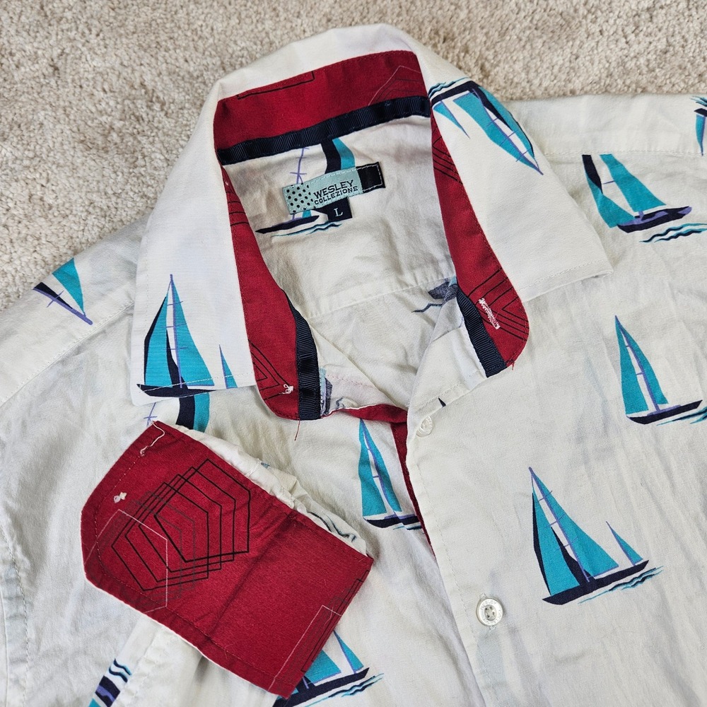 Men's Wesley Collezione Nautical Sailboat Print Button Down Flip‎ Cuff- Size L